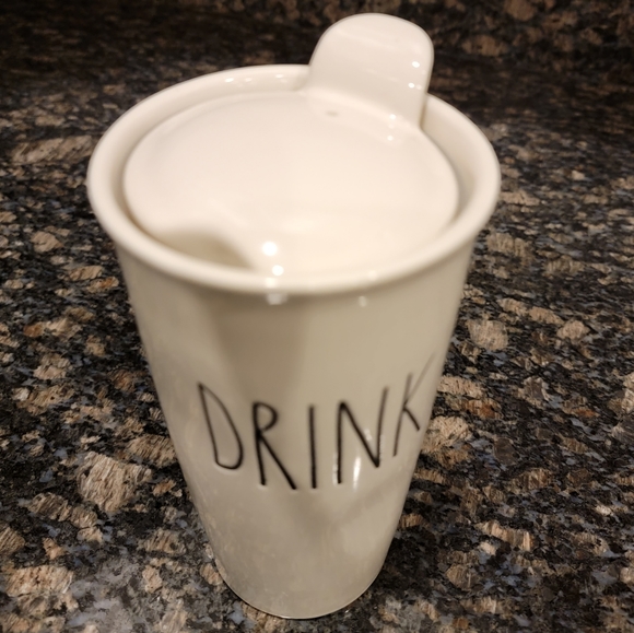 Rae Dunn DRINK Tall White Ceramic Coffee Travel Mug Tumbler with Lid - Picture 3 of 11